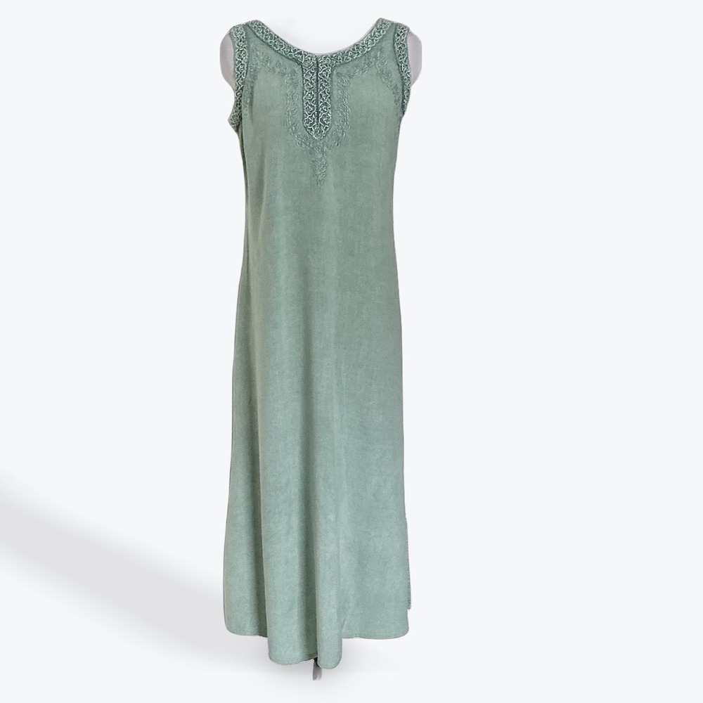 LPogee Sage Green Embroidered Boho Maxi Dress Sleeveless Free Size India Viscose